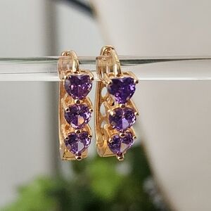 Gold Filled Oval Hoop Earrings Amethyst Purple Crystal Heart Stones